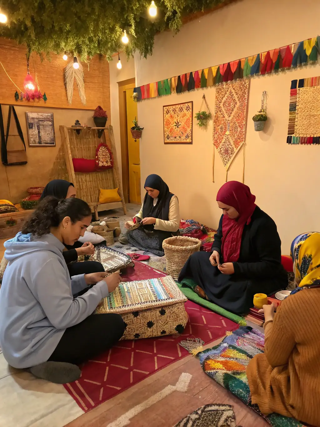 A workshop session where participants are learning traditional crafts related to the history of Chatenet, with tools and materials displayed on tables.