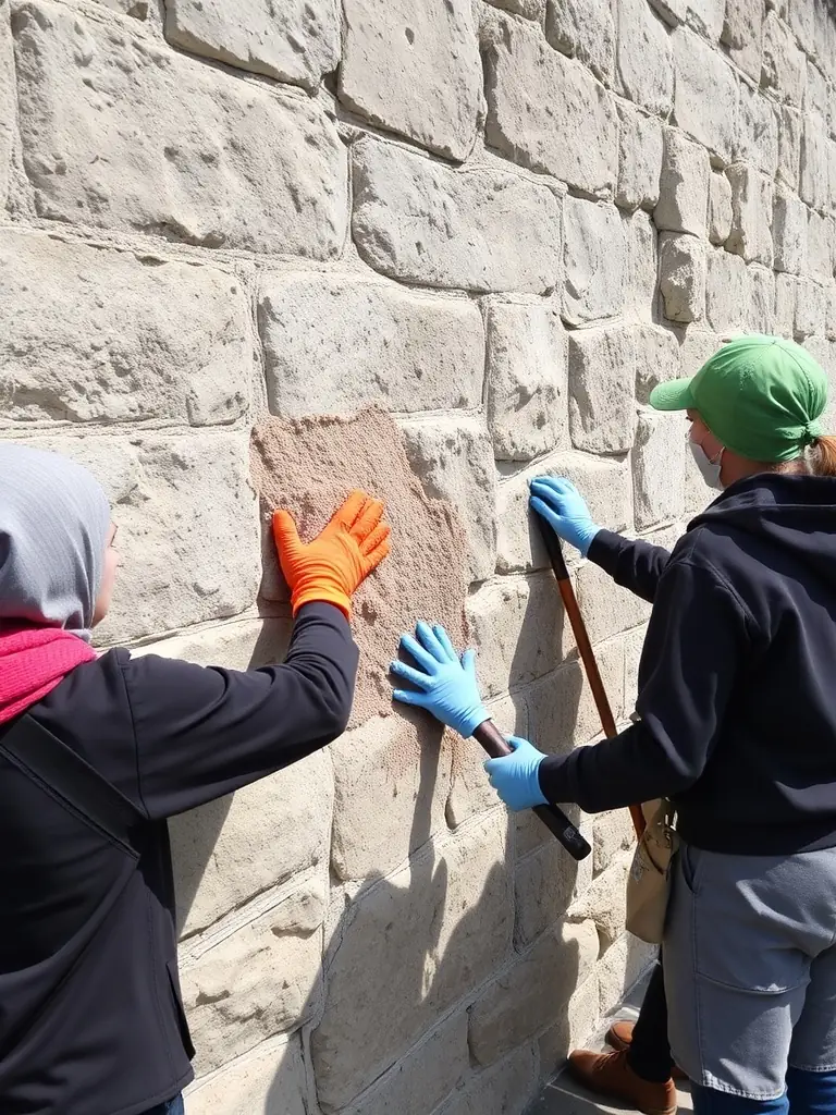 A group of volunteers working together to restore a historic stone wall at Chateau de Chatenet, showcasing the hands-on aspect of heritage preservation.