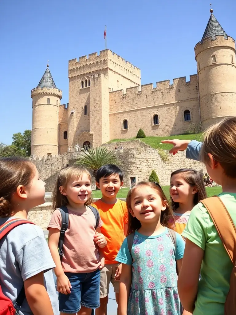 A photograph of children participating in a historical reenactment at Chateau de Chatenet, dressed in period costumes, with a focus on their engagement and excitement.