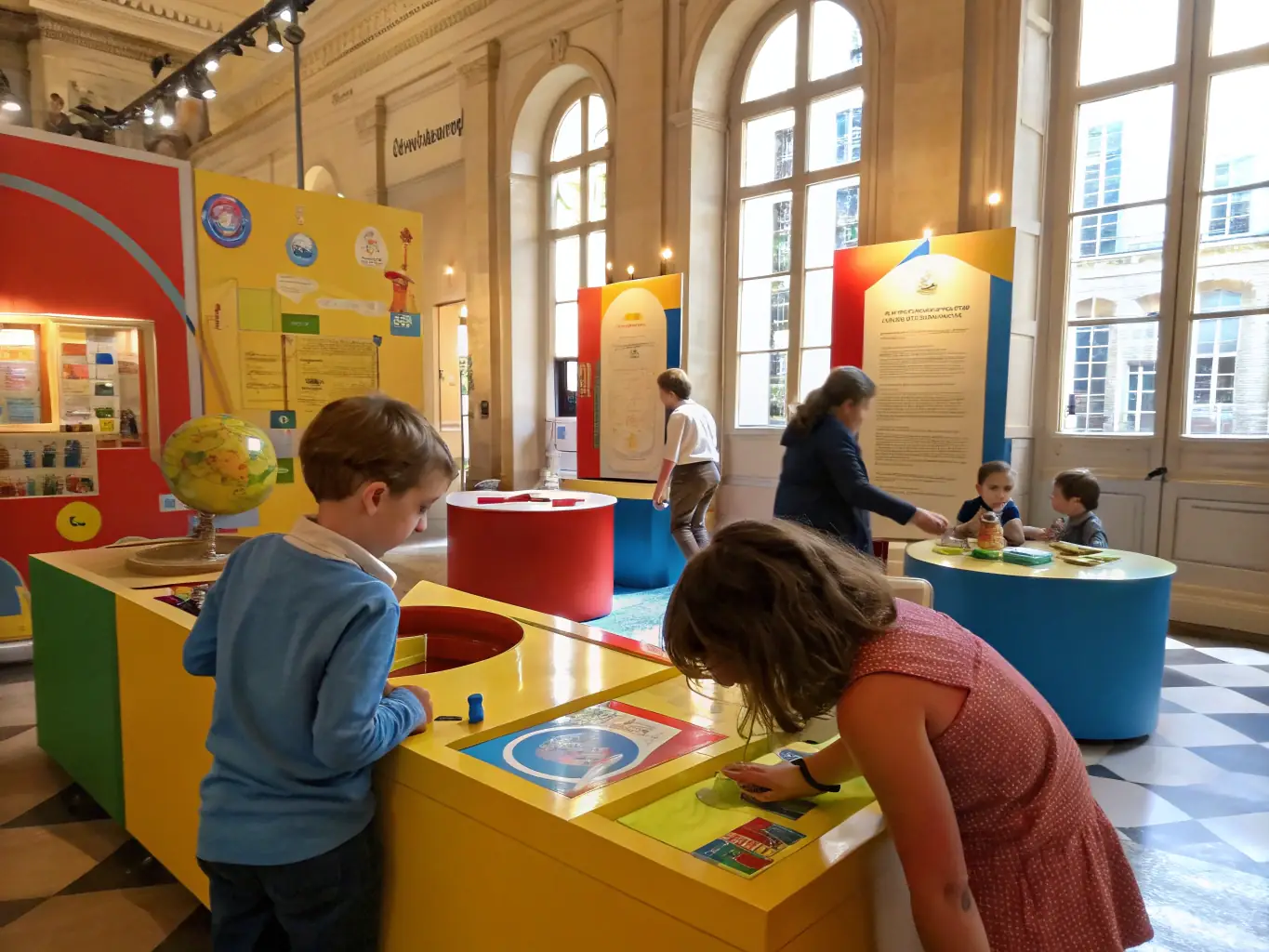 Children participating in a hands-on history workshop at Château de Chatenet, with interactive displays and guides, illustrating our commitment to educational outreach.