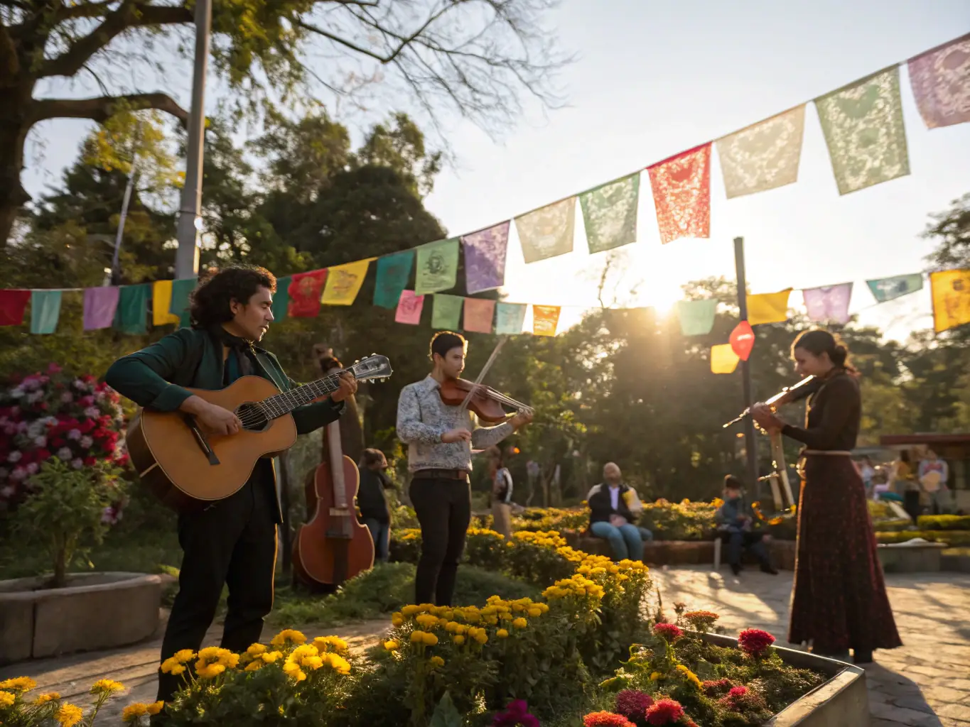A vibrant outdoor festival with traditional music, dance, and food stalls, capturing the lively atmosphere of a cultural event organized by LES AMIS DE CHATENET.
