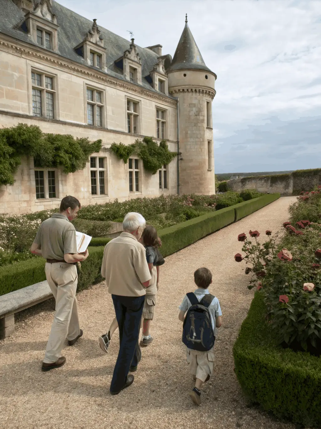 A guided tour of Chateau de Chatenet, with a knowledgeable guide explaining the history and significance of the site to a group of visitors.