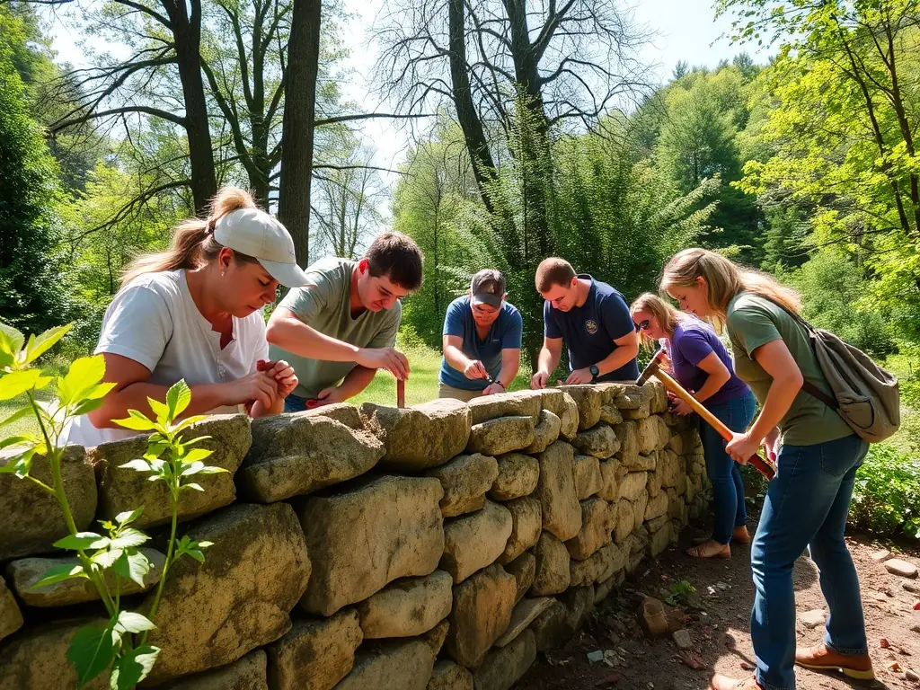 A group of volunteers working together to restore a section of the Chateau de Chatenet, focusing on repairing a stone wall with traditional tools and techniques.