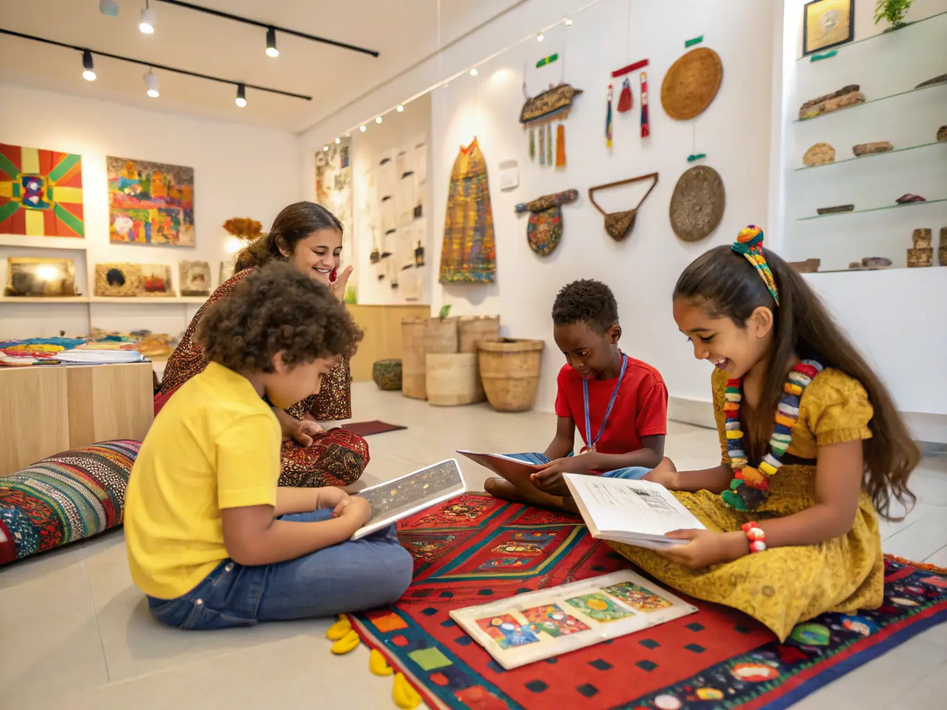 A group of children participating in a hands-on history workshop, learning about local artifacts and historical events under the guidance of an instructor from LES AMIS DE CHATENET.