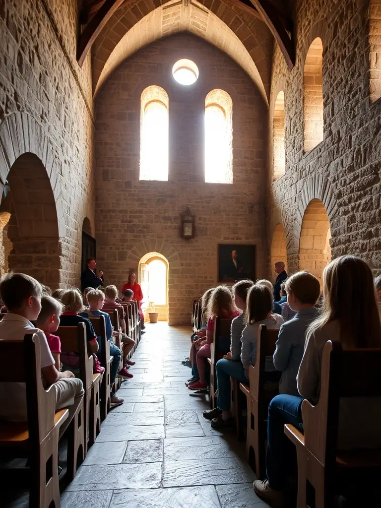 A group of students on a guided tour of Chateau de Chatenet, led by a knowledgeable guide, with the architecture and historical artifacts visible in the background.